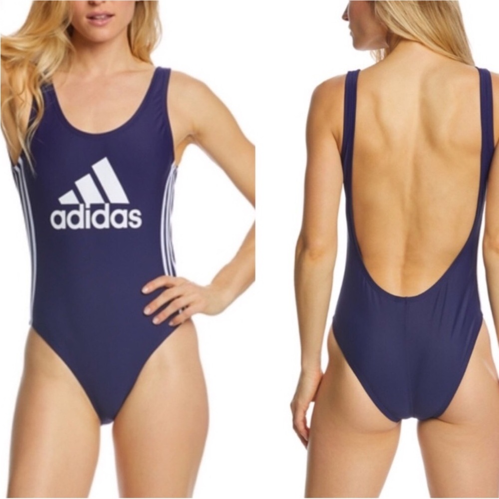 Adidas NEW Navy Blue One Piece Swimsuit Logo Spellout Low Back Retro Beach Large